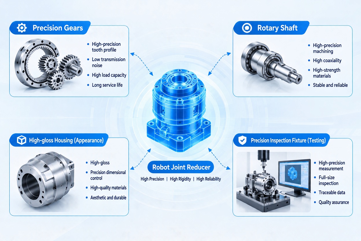 Robot joint reducer with precision gears, rotating shaft, housing, and inspection fixture solutions